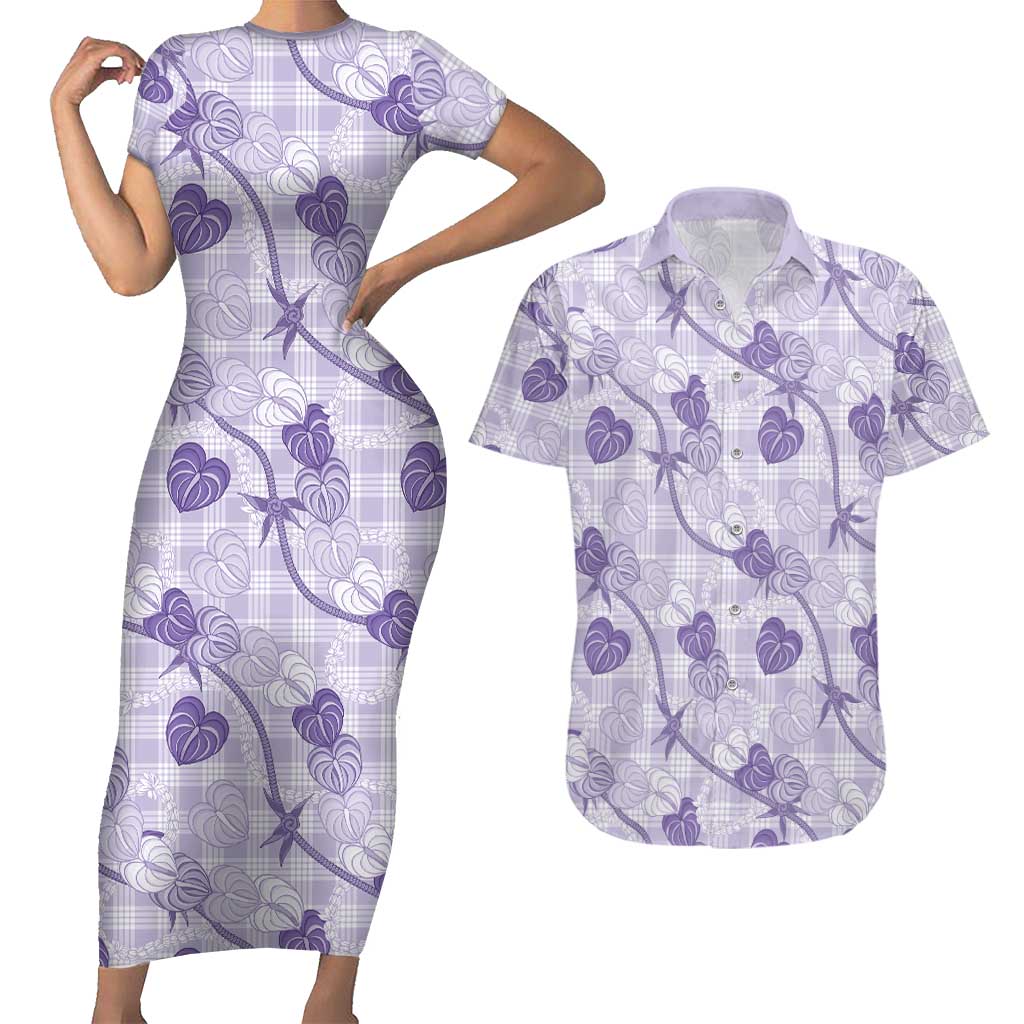 Anthurium Pikake Ti Leaf Palaka Couples Matching Short Sleeve Bodycon Dress and Hawaiian Shirt Purple Version LT01 Purple - Polynesian Pride