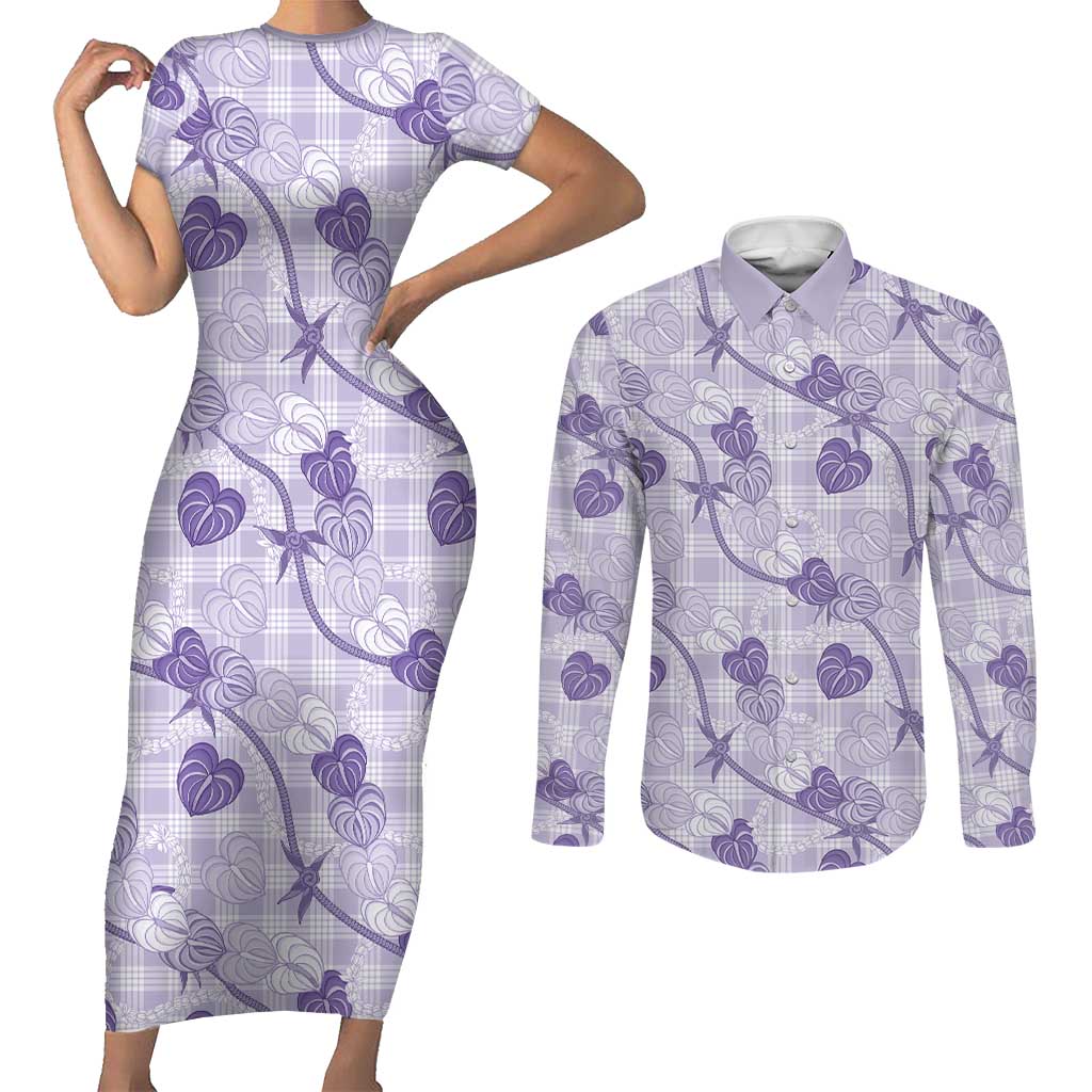 Anthurium Pikake Ti Leaf Palaka Couples Matching Short Sleeve Bodycon Dress and Long Sleeve Button Shirt Purple Version