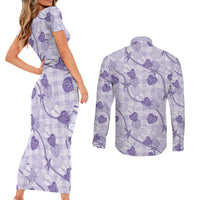 Anthurium Pikake Ti Leaf Palaka Couples Matching Short Sleeve Bodycon Dress and Long Sleeve Button Shirt Purple Version