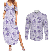Anthurium Pikake Ti Leaf Palaka Couples Matching Summer Maxi Dress and Long Sleeve Button Shirt Purple Version LT01 Purple - Polynesian Pride