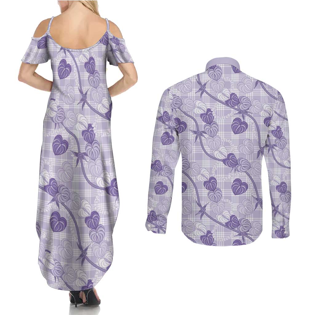 Anthurium Pikake Ti Leaf Palaka Couples Matching Summer Maxi Dress and Long Sleeve Button Shirt Purple Version LT01 - Polynesian Pride