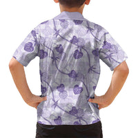 Anthurium Pikake Ti Leaf Palaka Family Matching Off The Shoulder Long Sleeve Dress and Hawaiian Shirt Purple Version LT01 - Polynesian Pride