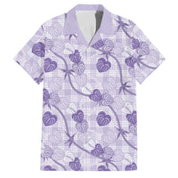 Anthurium Pikake Ti Leaf Palaka Family Matching Off The Shoulder Long Sleeve Dress and Hawaiian Shirt Purple Version LT01 Dad's Shirt - Short Sleeve Purple - Polynesian Pride