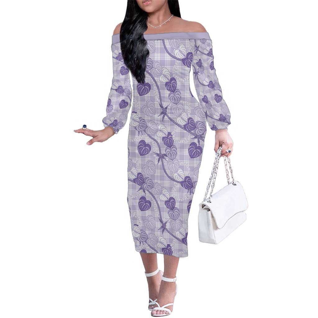 Anthurium Pikake Ti Leaf Palaka Family Matching Off The Shoulder Long Sleeve Dress and Hawaiian Shirt Purple Version LT01 Mom's Dress Purple - Polynesian Pride