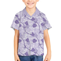 Anthurium Pikake Ti Leaf Palaka Family Matching Off The Shoulder Long Sleeve Dress and Hawaiian Shirt Purple Version LT01 Son's Shirt Purple - Polynesian Pride