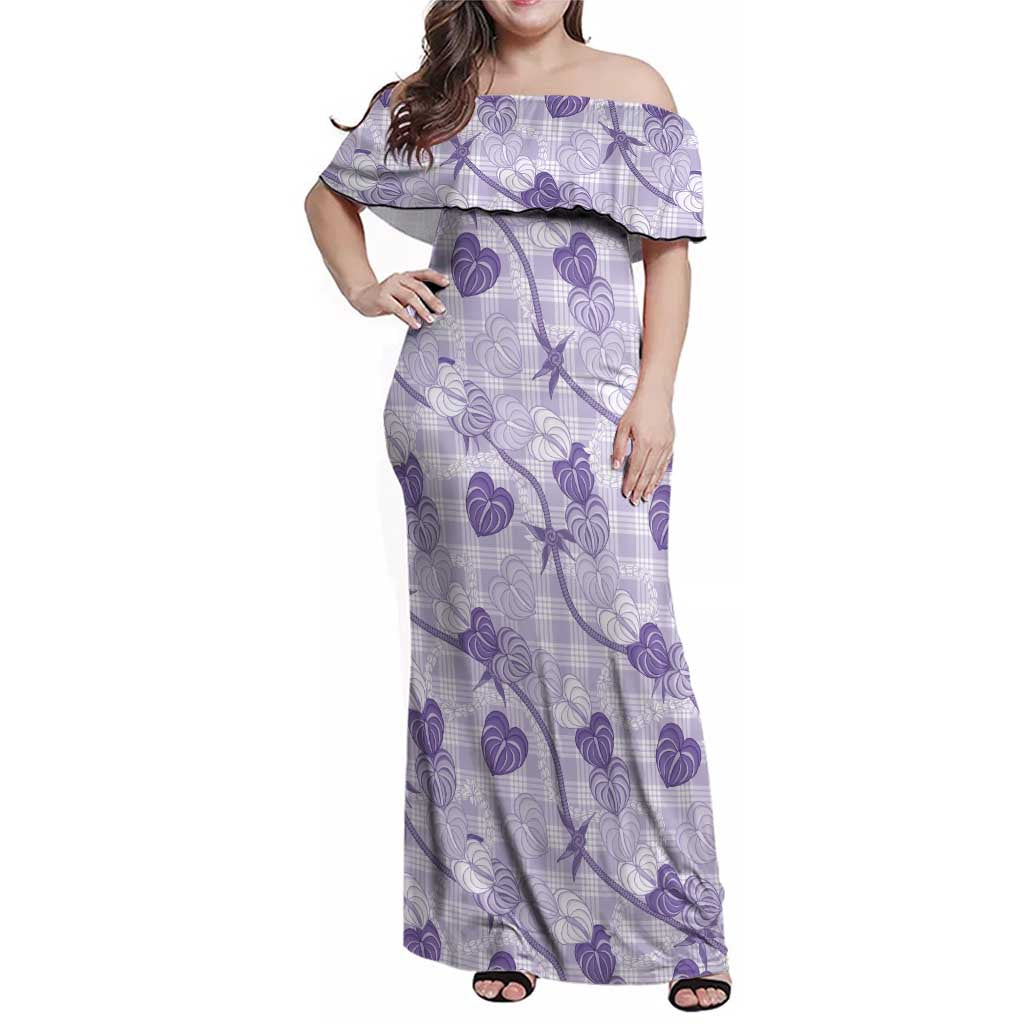 Anthurium Pikake Ti Leaf Palaka Family Matching Off Shoulder Maxi Dress and Hawaiian Shirt Purple Version LT01 Mom's Dress Purple - Polynesian Pride