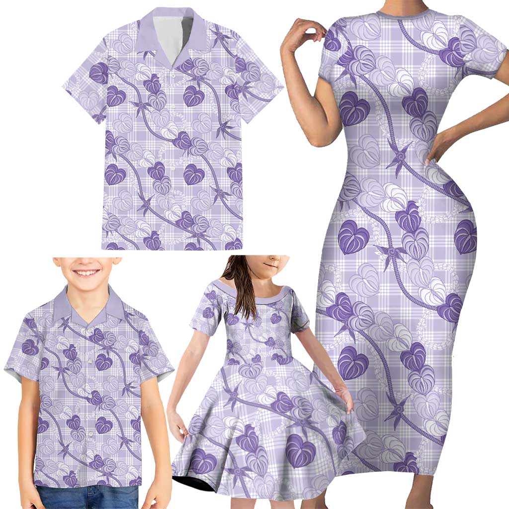 Anthurium Pikake Ti Leaf Palaka Family Matching Short Sleeve Bodycon Dress and Hawaiian Shirt Purple Version LT01 - Polynesian Pride