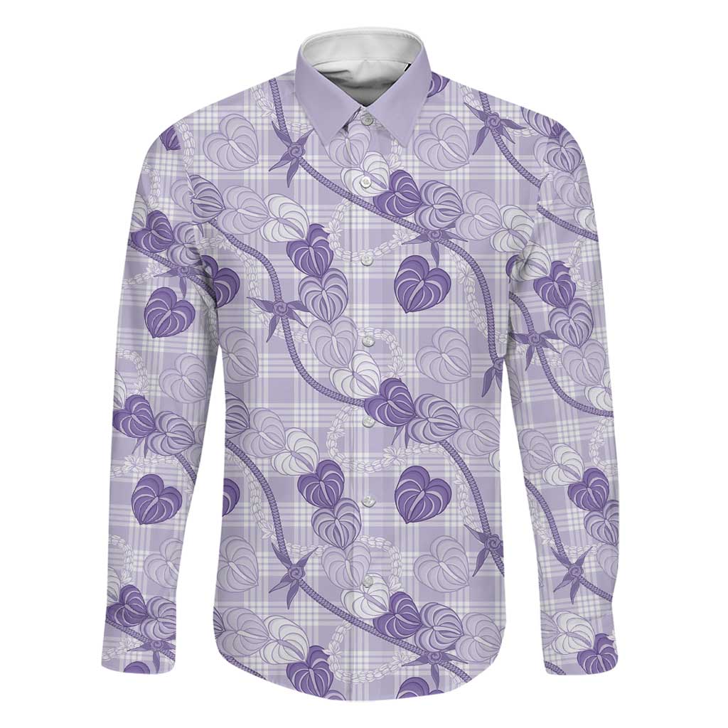 Anthurium Pikake Ti Leaf Palaka Family Matching Tank Maxi Dress and Hawaiian Shirt Purple Version LT01 Dad's Shirt - Long Sleeve Purple - Polynesian Pride