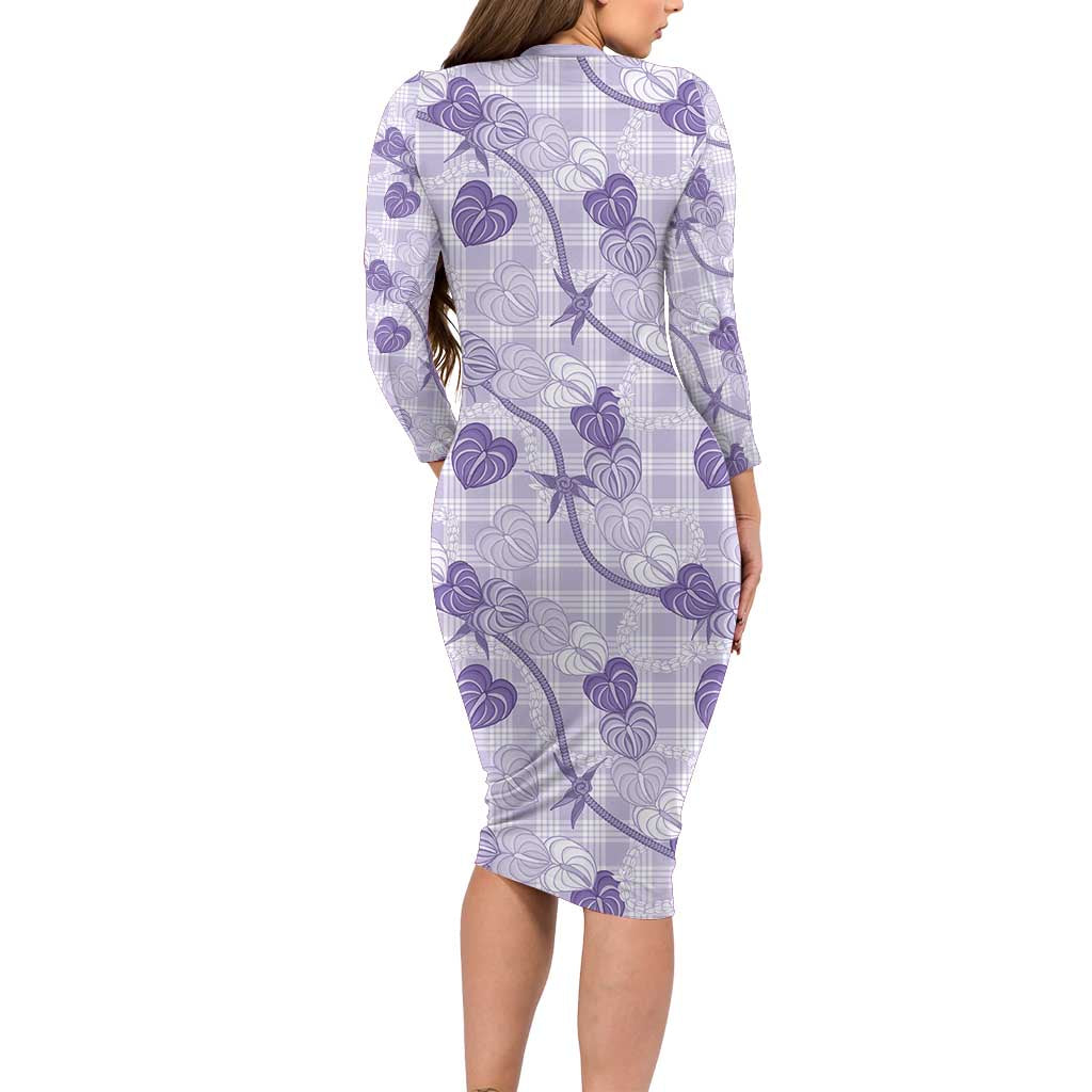 Anthurium Pikake Ti Leaf Palaka Long Sleeve Bodycon Dress Purple Version LT01 - Polynesian Pride