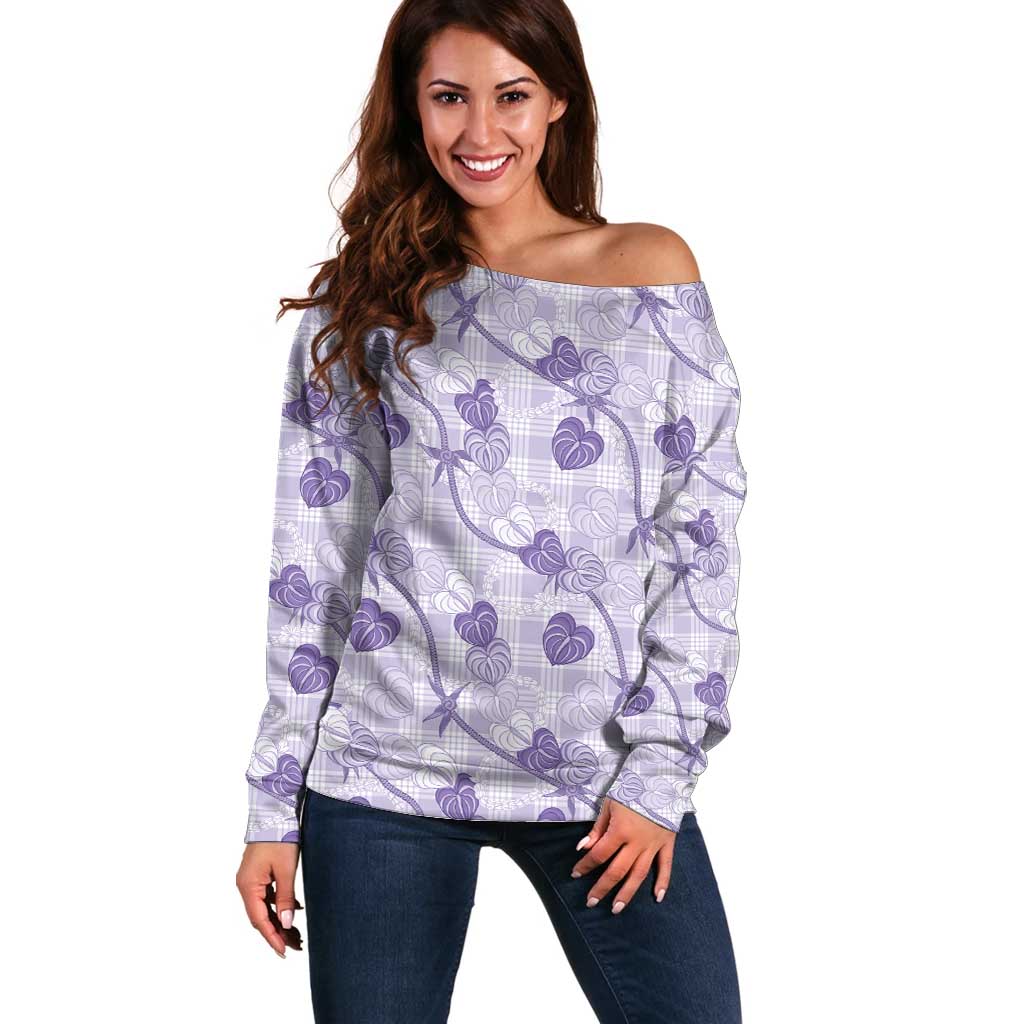 Anthurium Pikake Ti Leaf Palaka Off Shoulder Sweater Purple Version LT01 Women Purple - Polynesian Pride