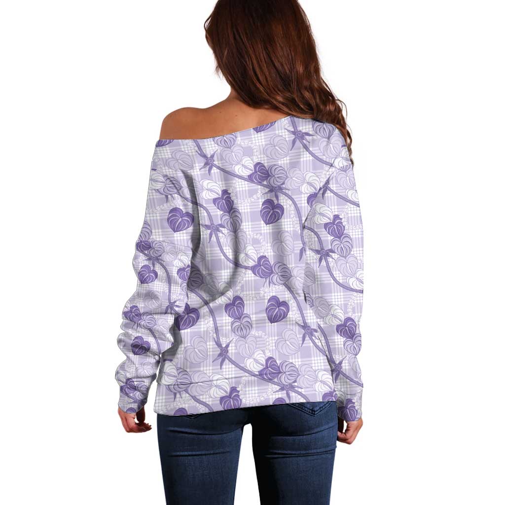 Anthurium Pikake Ti Leaf Palaka Off Shoulder Sweater Purple Version LT01 - Polynesian Pride