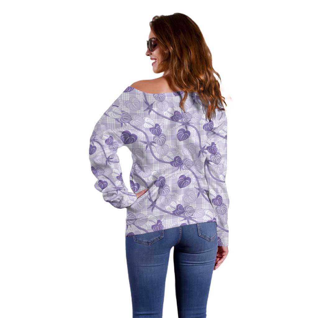 Anthurium Pikake Ti Leaf Palaka Off Shoulder Sweater Purple Version LT01 - Polynesian Pride