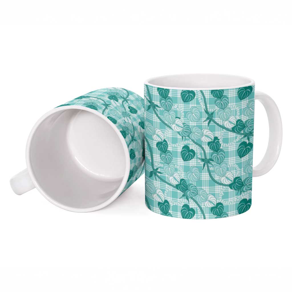 Anthurium Pikake Ti Leaf Palaka Ceramic Mug Turquoise Version LT01 - Polynesian Pride