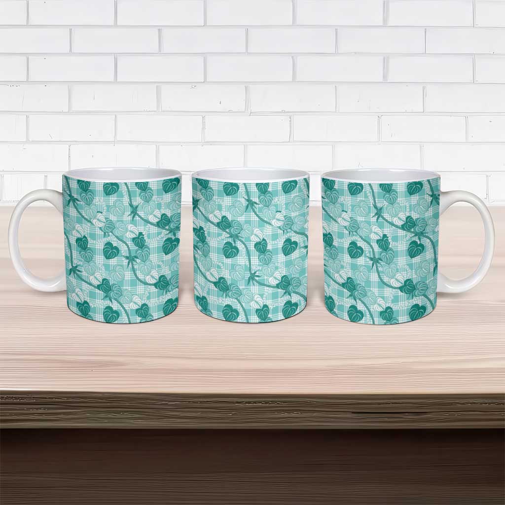 Anthurium Pikake Ti Leaf Palaka Ceramic Mug Turquoise Version LT01 - Polynesian Pride