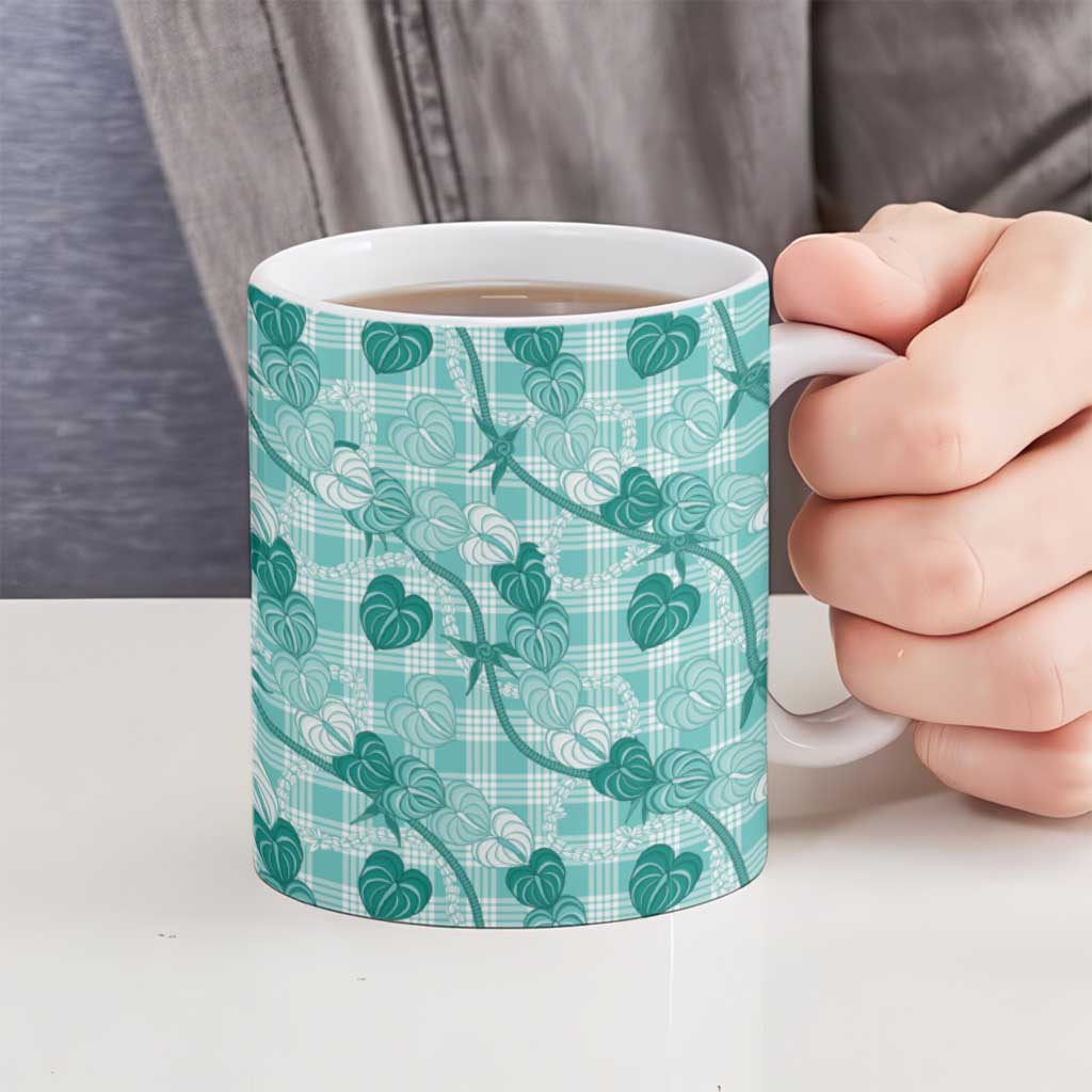 Anthurium Pikake Ti Leaf Palaka Ceramic Mug Turquoise Version LT01 - Polynesian Pride