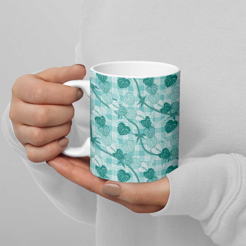 Anthurium Pikake Ti Leaf Palaka Ceramic Mug Turquoise Version LT01 - Polynesian Pride