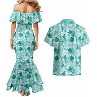 Anthurium Pikake Ti Leaf Palaka Couples Matching Mermaid Dress and Hawaiian Shirt Turquoise Version