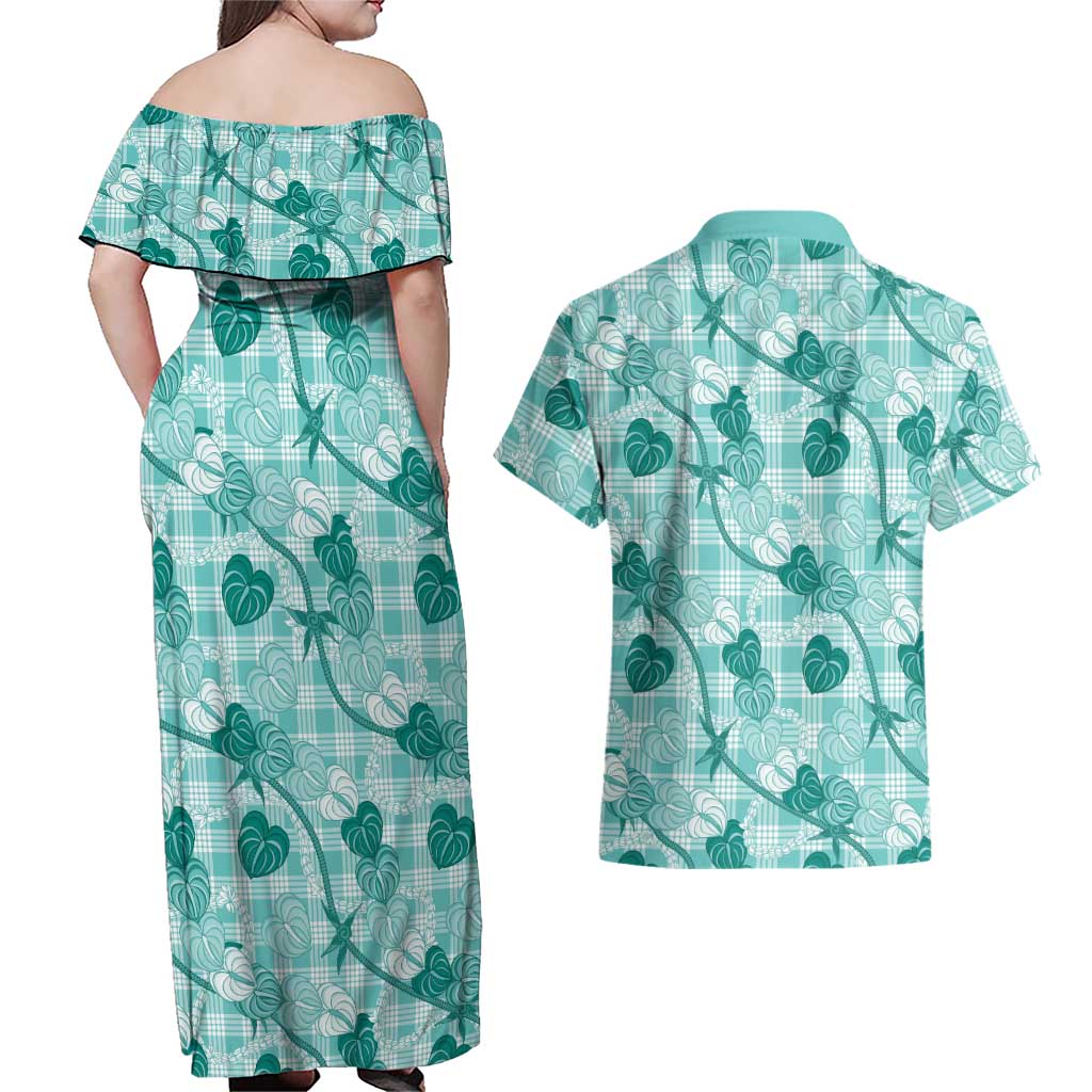 Anthurium Pikake Ti Leaf Palaka Couples Matching Off Shoulder Maxi Dress and Hawaiian Shirt Turquoise Version