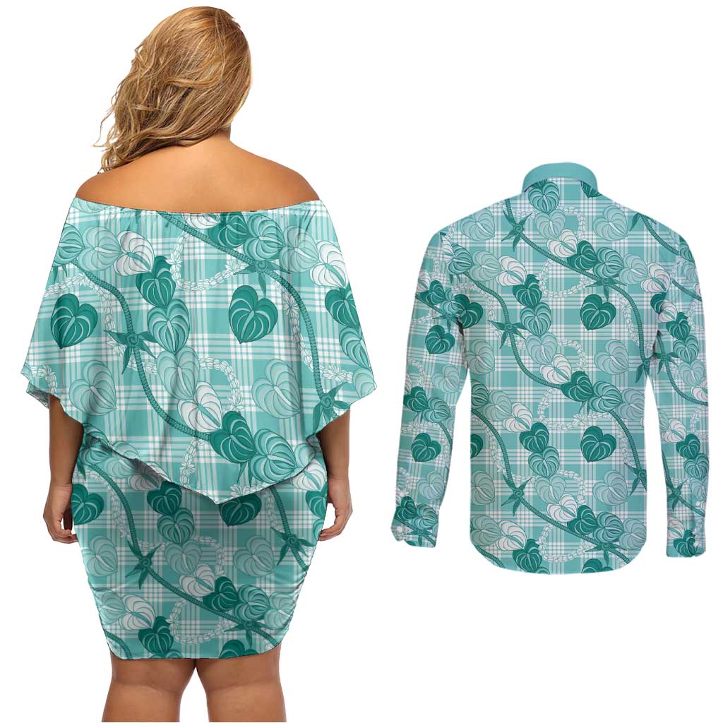 Anthurium Pikake Ti Leaf Palaka Couples Matching Off Shoulder Short Dress and Long Sleeve Button Shirt Turquoise Version
