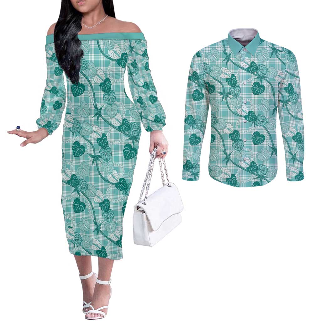 Anthurium Pikake Ti Leaf Palaka Couples Matching Off The Shoulder Long Sleeve Dress and Long Sleeve Button Shirt Turquoise Version