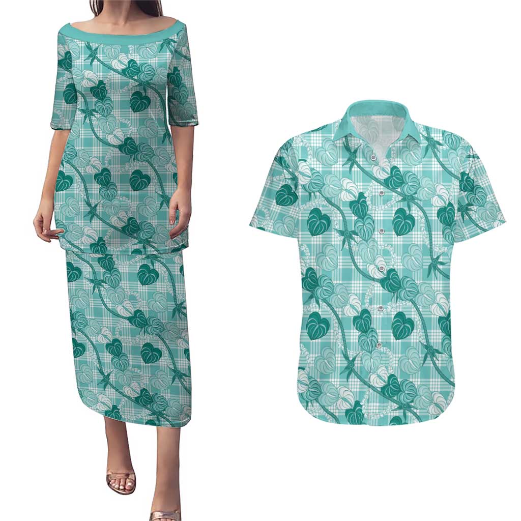 Anthurium Pikake Ti Leaf Palaka Couples Matching Puletasi and Hawaiian Shirt Turquoise Version