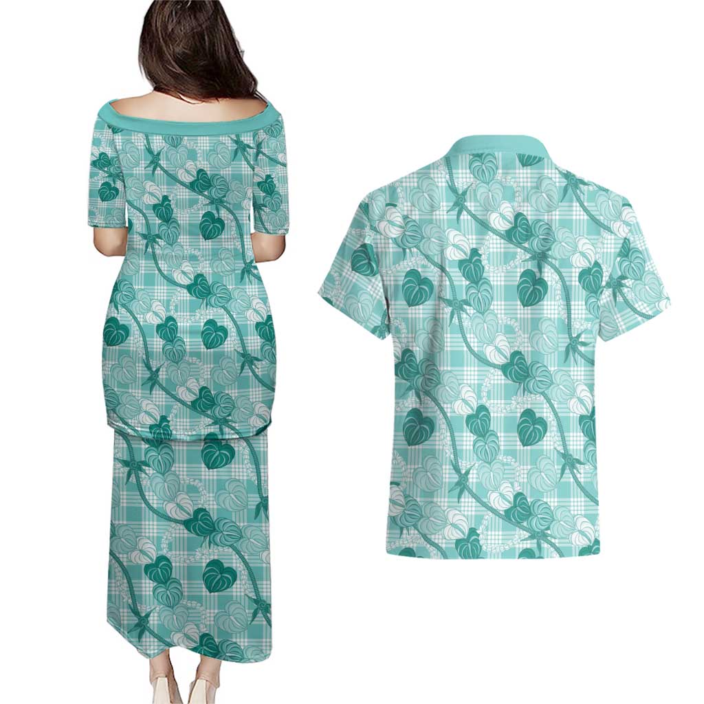 Anthurium Pikake Ti Leaf Palaka Couples Matching Puletasi and Hawaiian Shirt Turquoise Version