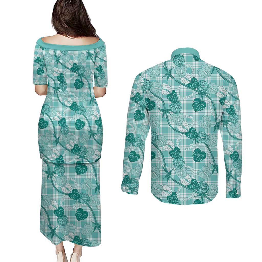 Anthurium Pikake Ti Leaf Palaka Couples Matching Puletasi and Long Sleeve Button Shirt Turquoise Version