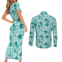 Anthurium Pikake Ti Leaf Palaka Couples Matching Short Sleeve Bodycon Dress and Long Sleeve Button Shirt Turquoise Version