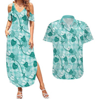 Anthurium Pikake Ti Leaf Palaka Couples Matching Summer Maxi Dress and Hawaiian Shirt Turquoise Version