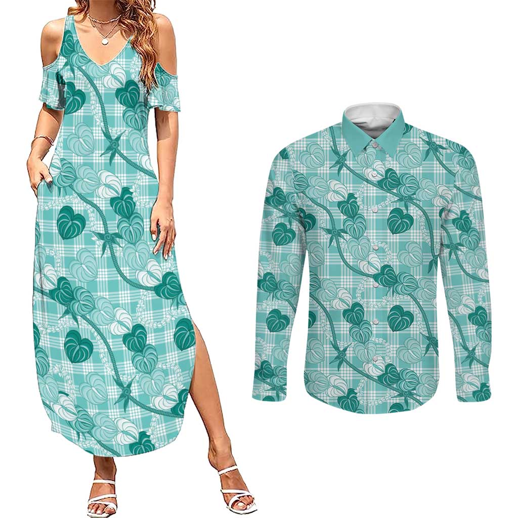 Anthurium Pikake Ti Leaf Palaka Couples Matching Summer Maxi Dress and Long Sleeve Button Shirt Turquoise Version