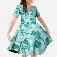 Anthurium Pikake Ti Leaf Palaka Family Matching Long Sleeve Bodycon Dress and Hawaiian Shirt Turquoise Version LT01 Daughter's Dress Turquoise - Polynesian Pride
