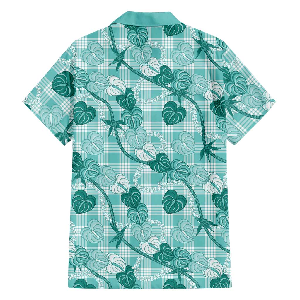 Anthurium Pikake Ti Leaf Palaka Family Matching Long Sleeve Bodycon Dress and Hawaiian Shirt Turquoise Version LT01 - Polynesian Pride