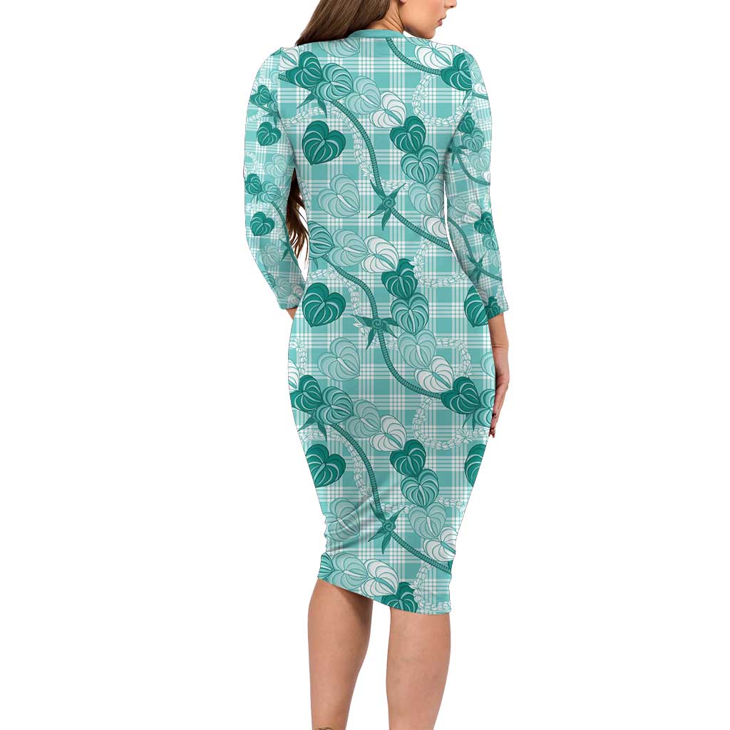 Anthurium Pikake Ti Leaf Palaka Family Matching Long Sleeve Bodycon Dress and Hawaiian Shirt Turquoise Version LT01 - Polynesian Pride
