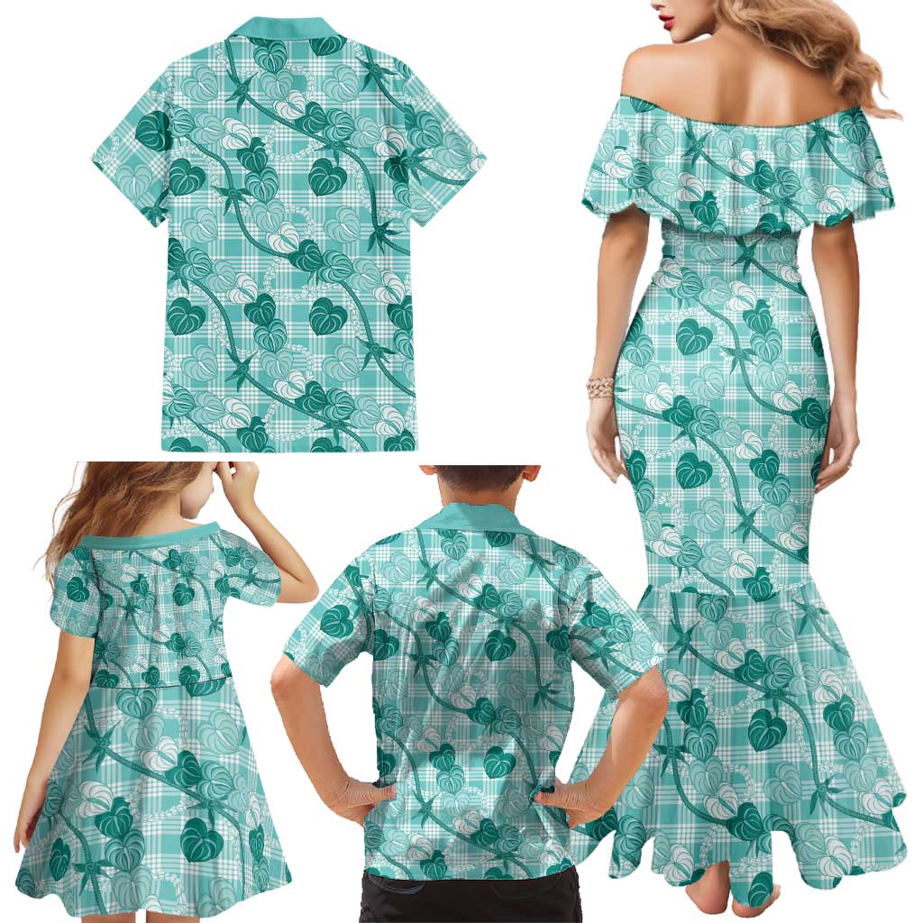 Anthurium Pikake Ti Leaf Palaka Family Matching Mermaid Dress and Hawaiian Shirt Turquoise Version