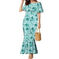 Anthurium Pikake Ti Leaf Palaka Family Matching Mermaid Dress and Hawaiian Shirt Turquoise Version