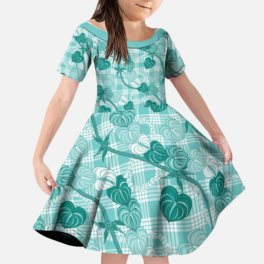 Anthurium Pikake Ti Leaf Palaka Family Matching Off The Shoulder Long Sleeve Dress and Hawaiian Shirt Turquoise Version LT01 Daughter's Dress Turquoise - Polynesian Pride