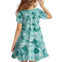 Anthurium Pikake Ti Leaf Palaka Family Matching Off The Shoulder Long Sleeve Dress and Hawaiian Shirt Turquoise Version LT01 - Polynesian Pride