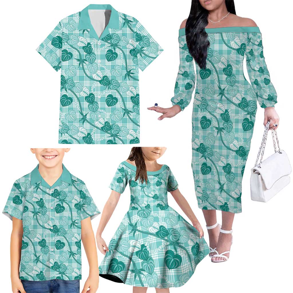 Anthurium Pikake Ti Leaf Palaka Family Matching Off The Shoulder Long Sleeve Dress and Hawaiian Shirt Turquoise Version LT01 - Polynesian Pride