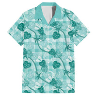 Anthurium Pikake Ti Leaf Palaka Family Matching Off The Shoulder Long Sleeve Dress and Hawaiian Shirt Turquoise Version LT01 Dad's Shirt - Short Sleeve Turquoise - Polynesian Pride