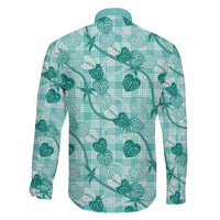 Anthurium Pikake Ti Leaf Palaka Family Matching Off The Shoulder Long Sleeve Dress and Hawaiian Shirt Turquoise Version LT01 - Polynesian Pride