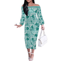 Anthurium Pikake Ti Leaf Palaka Family Matching Off The Shoulder Long Sleeve Dress and Hawaiian Shirt Turquoise Version LT01 Mom's Dress Turquoise - Polynesian Pride