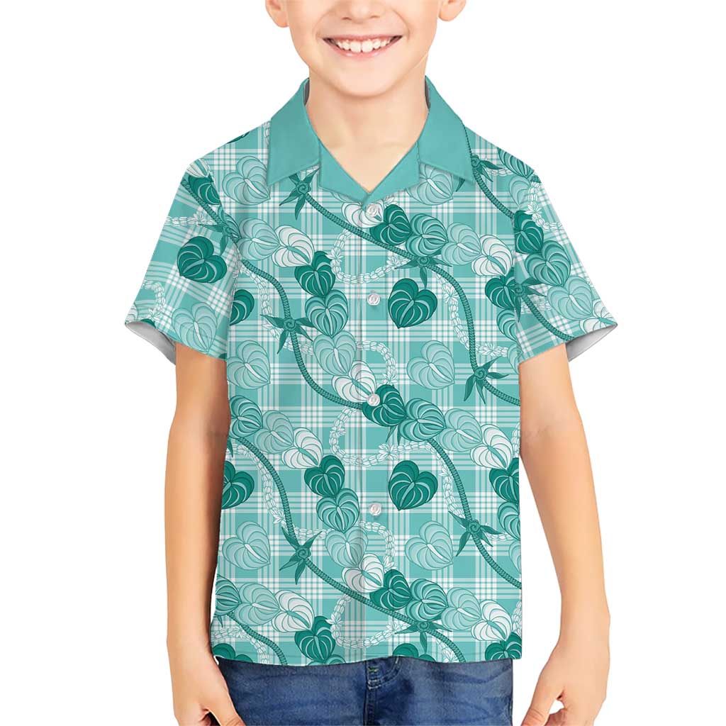 Anthurium Pikake Ti Leaf Palaka Family Matching Off The Shoulder Long Sleeve Dress and Hawaiian Shirt Turquoise Version LT01 Son's Shirt Turquoise - Polynesian Pride