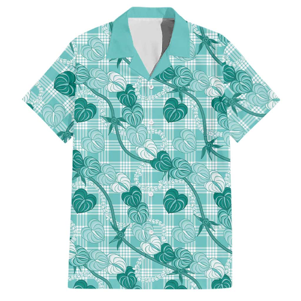 Anthurium Pikake Ti Leaf Palaka Family Matching Off Shoulder Maxi Dress and Hawaiian Shirt Turquoise Version LT01 Dad's Shirt - Short Sleeve Turquoise - Polynesian Pride