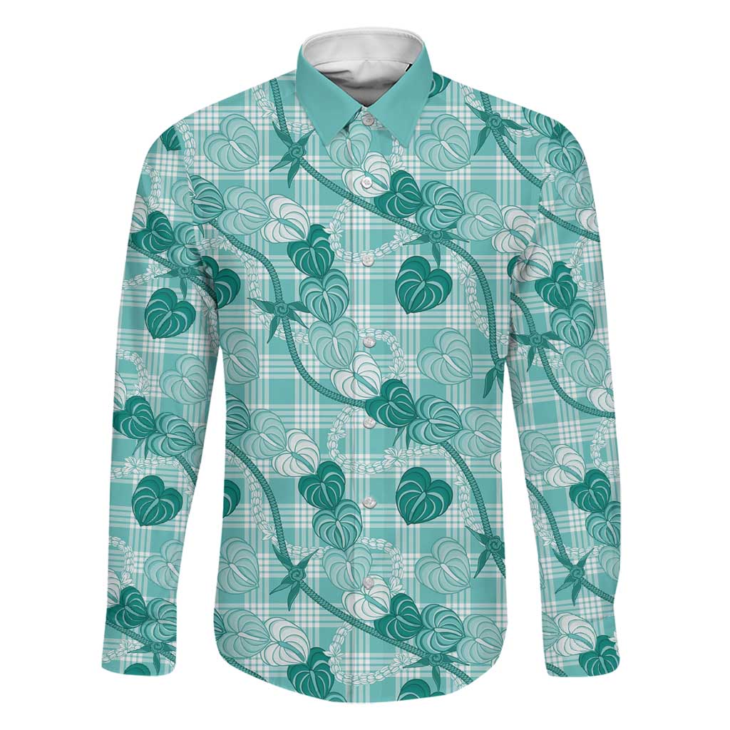 Anthurium Pikake Ti Leaf Palaka Family Matching Off Shoulder Maxi Dress and Hawaiian Shirt Turquoise Version LT01 Dad's Shirt - Long Sleeve Turquoise - Polynesian Pride