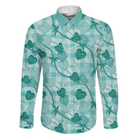 Anthurium Pikake Ti Leaf Palaka Family Matching Off Shoulder Maxi Dress and Hawaiian Shirt Turquoise Version LT01 Dad's Shirt - Long Sleeve Turquoise - Polynesian Pride