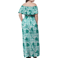 Anthurium Pikake Ti Leaf Palaka Family Matching Off Shoulder Maxi Dress and Hawaiian Shirt Turquoise Version LT01 - Polynesian Pride