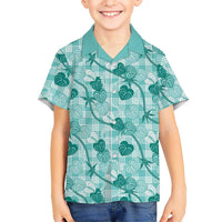 Anthurium Pikake Ti Leaf Palaka Family Matching Off Shoulder Maxi Dress and Hawaiian Shirt Turquoise Version LT01 Son's Shirt Turquoise - Polynesian Pride