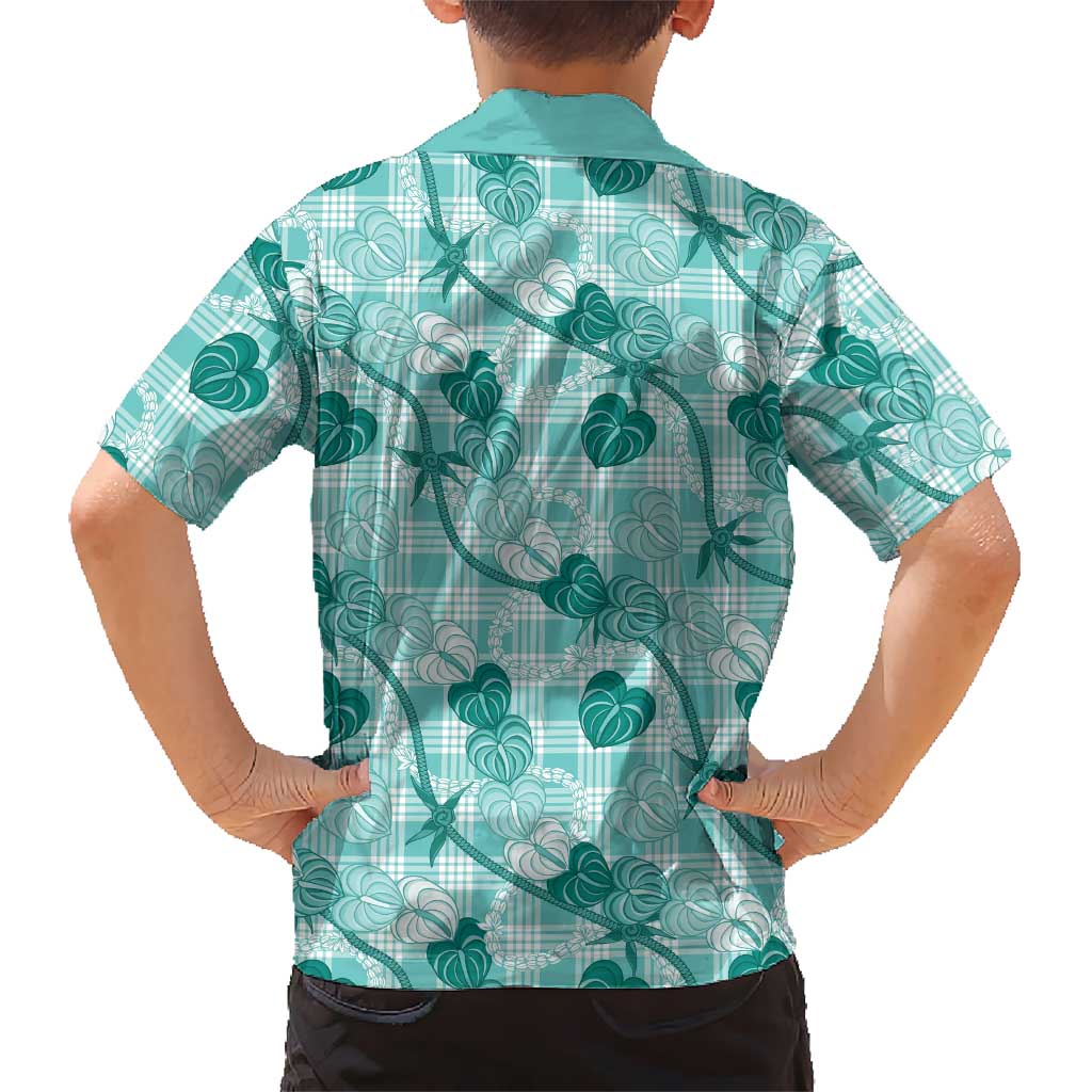 Anthurium Pikake Ti Leaf Palaka Family Matching Off Shoulder Short Dress and Hawaiian Shirt Turquoise Version LT01 - Polynesian Pride