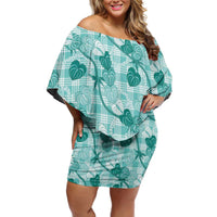 Anthurium Pikake Ti Leaf Palaka Family Matching Off Shoulder Short Dress and Hawaiian Shirt Turquoise Version LT01 Mom's Dress Turquoise - Polynesian Pride