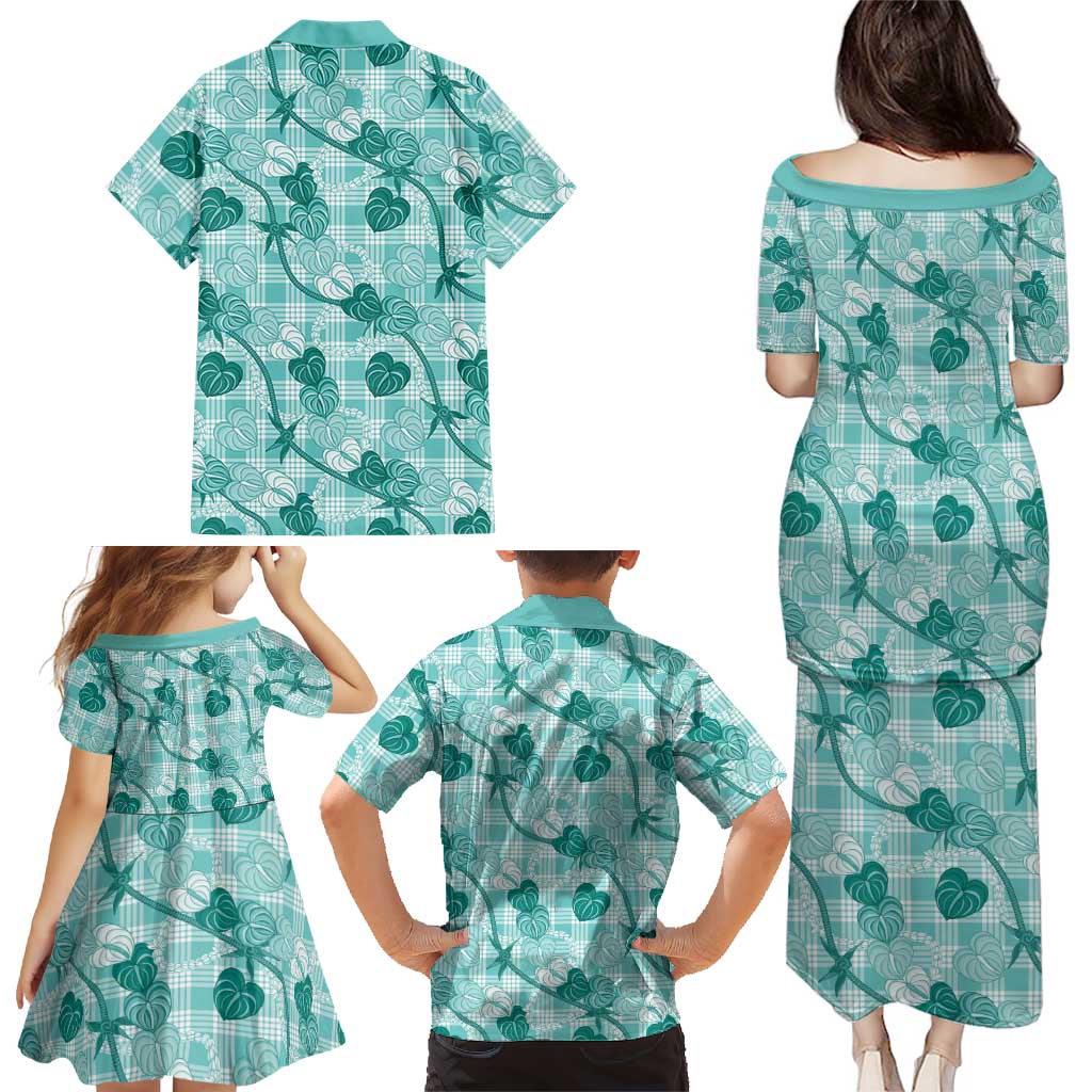 Anthurium Pikake Ti Leaf Palaka Family Matching Puletasi and Hawaiian Shirt Turquoise Version